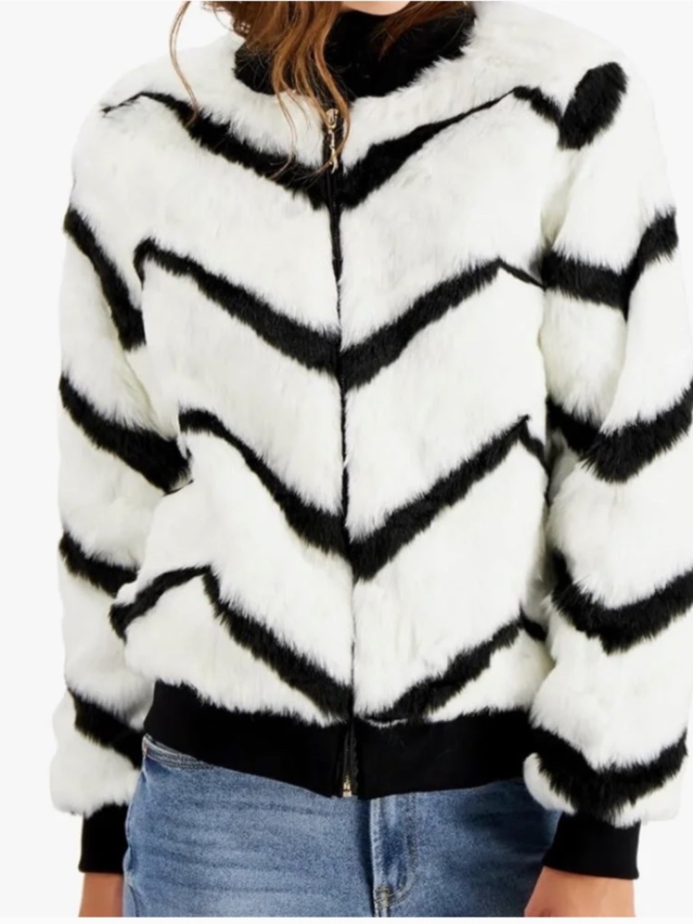 Say What? Womens Chevron-Printed Faux-Fur Bomber Jacket